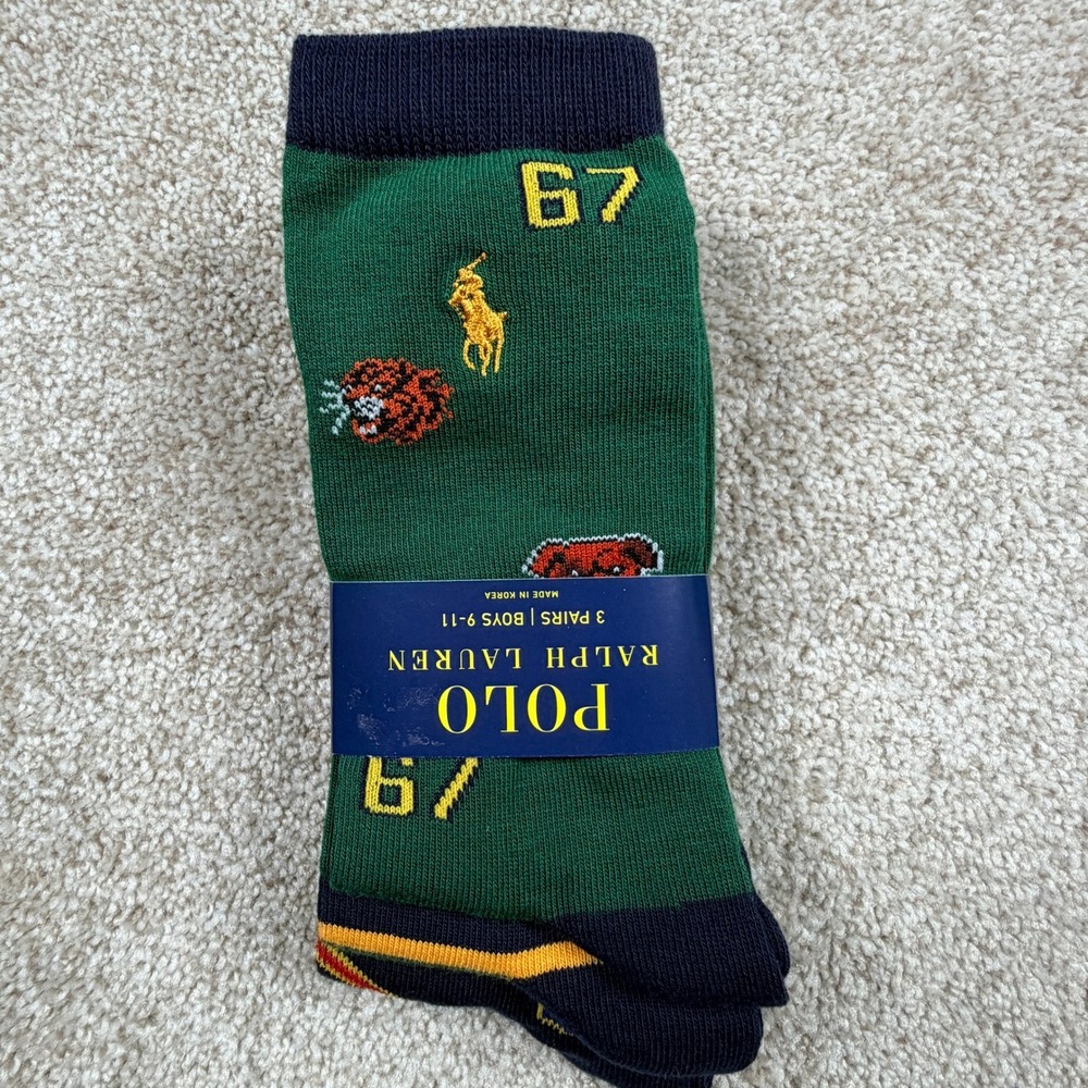 Polo Ralph Lauren Boys 3 Pack Crew Socks Green Navy Orange Tiger Crest Size 9-11